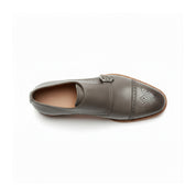 top-down-view - Gray Leather Oxford Double Monk Strap Shoes with Brogue Toe Cap
