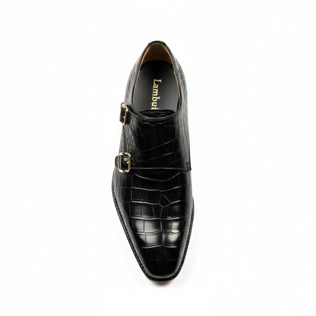 Men's Black Crocodile Leather Double Monk Dress Shoes - top-down-view