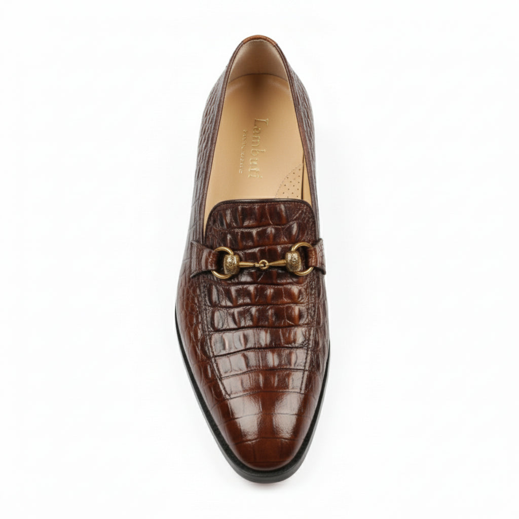 Brown Alligator Texture Moccasin Leather Shoes - top-down-view