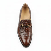 Brown Alligator Texture Moccasin Leather Shoes - top-down-view