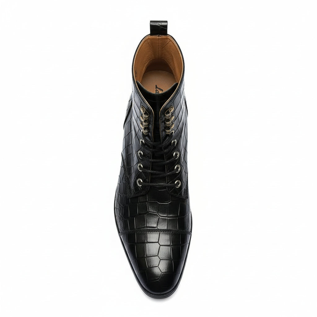Men's Black Crocodile Leather Lace-Up Boots - top-down-view