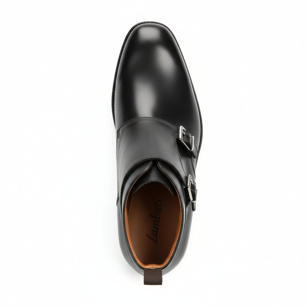 Men's Handmade Black Leather Double Monk Boots with Artisan Features - top-down-view