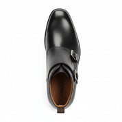Men's Handmade Black Leather Double Monk Boots with Artisan Features - top-down-view