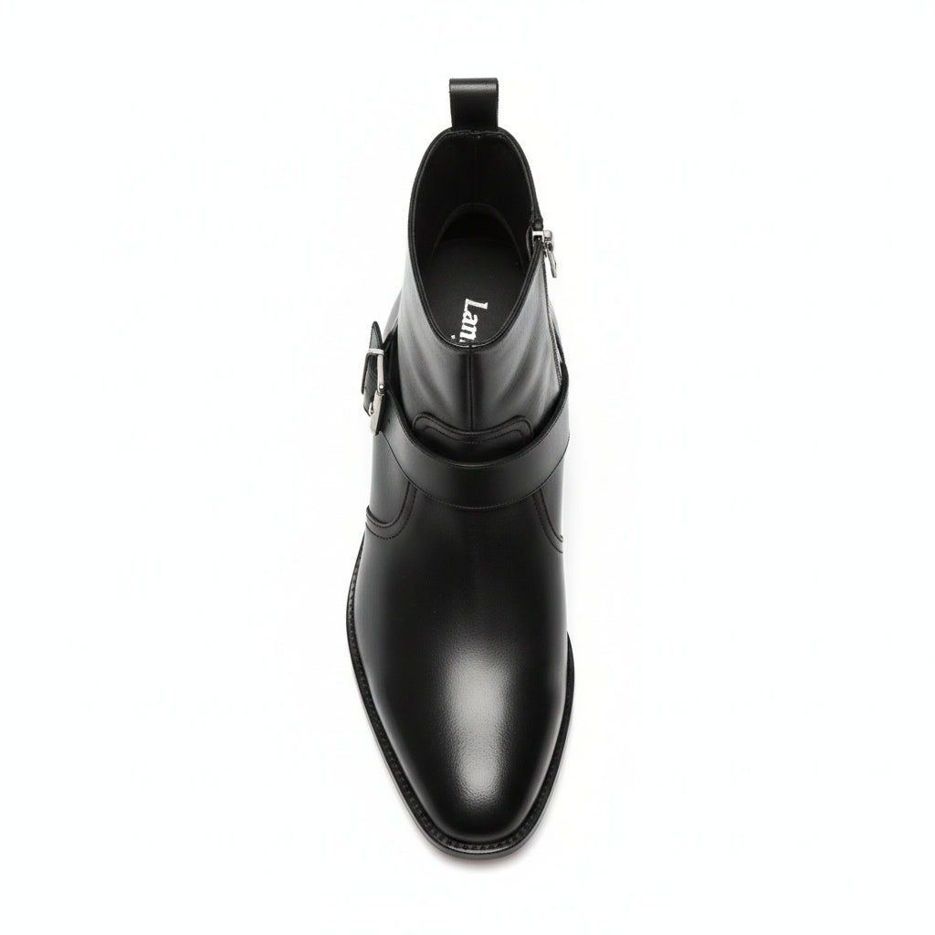 Men's Handmade Black Leather Boots with Side Zipper & Monk Strap - top-down-view