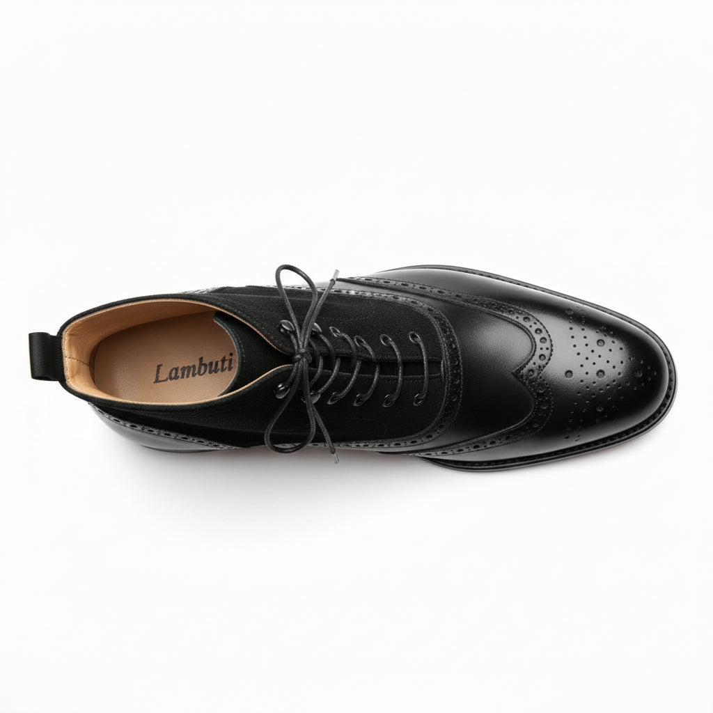Men's Black Leather Wingtip Brogue Boots - top-down-view