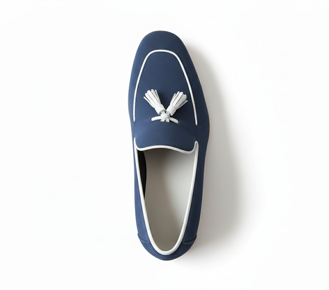 top-down-view - Handmade Men Navy Blue Suede Leather Tassels Moccasins Shoes Loafer Silpons