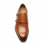 Men's Tan Brown Leather Double Monk Chukka Boots - top-down-view