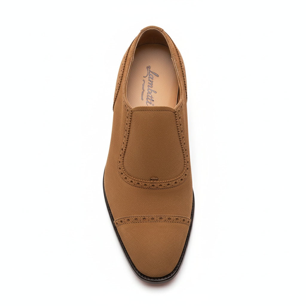 Handmade Mens Beige Color Suede Brogue Dress Shoes, Men Oxford Formal Shoes - top-down-view