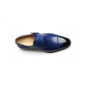 Handmade Mens Blue Crocodile Embossed Monk Shoes, Men Blue Dress Shoes - top-down-view