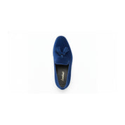 Handmade Mens Royal Blue Tassels Loafer Velvet Shoes, Men Blue Velvet Shoes - top-down-view