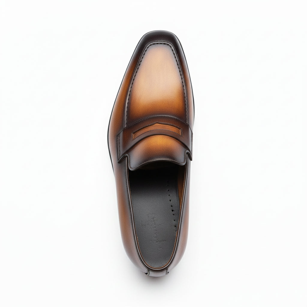 Men's Almond Toe Moccasin Dress Shoes in Tan and Black Leather - top-down-view