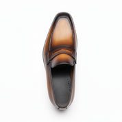 Men's Almond Toe Moccasin Dress Shoes in Tan and Black Leather - top-down-view
