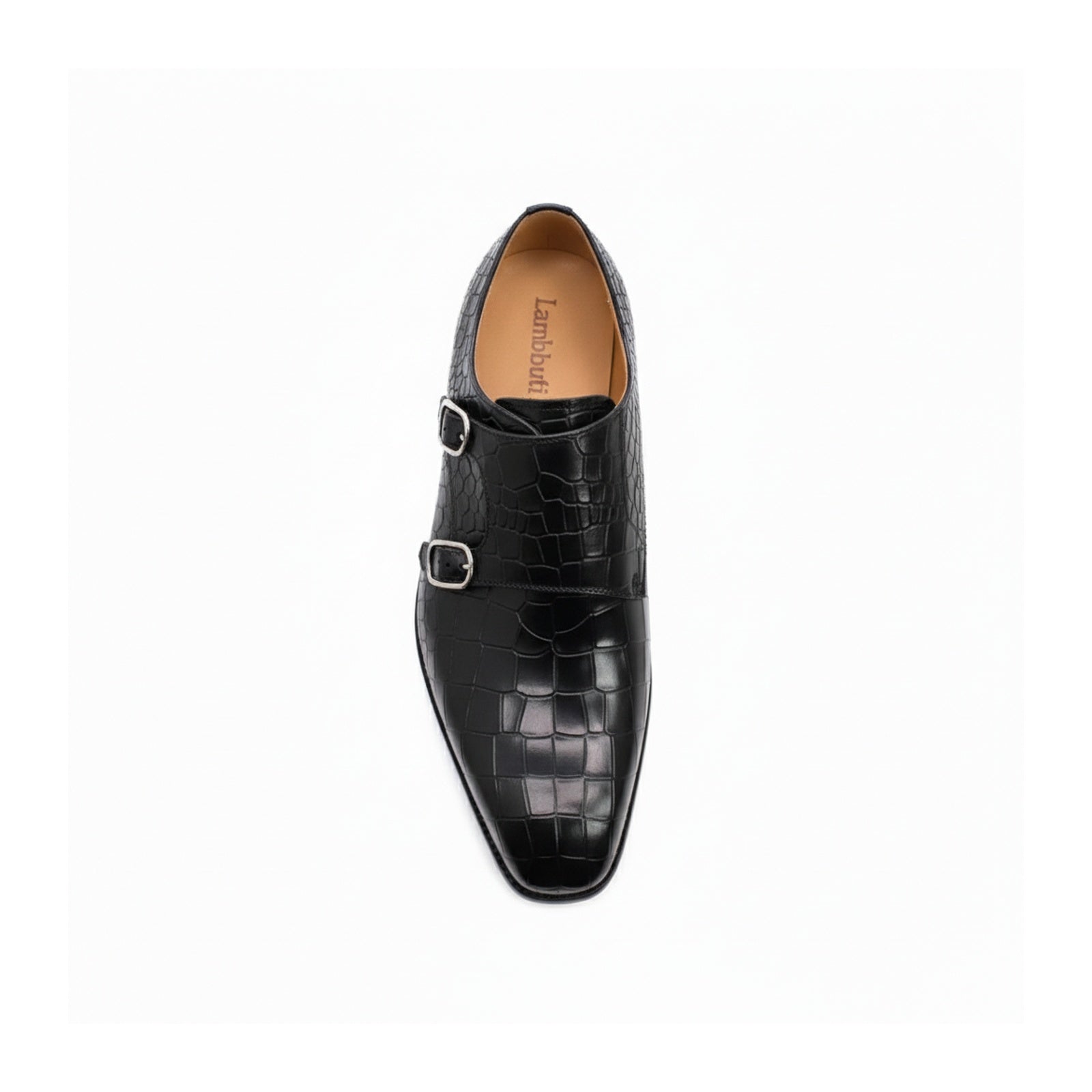 top-down-view - Men's Black Alligator Texture Monk Shoes with Buckle