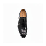 top-down-view - Men's Black Alligator Texture Monk Shoes with Buckle