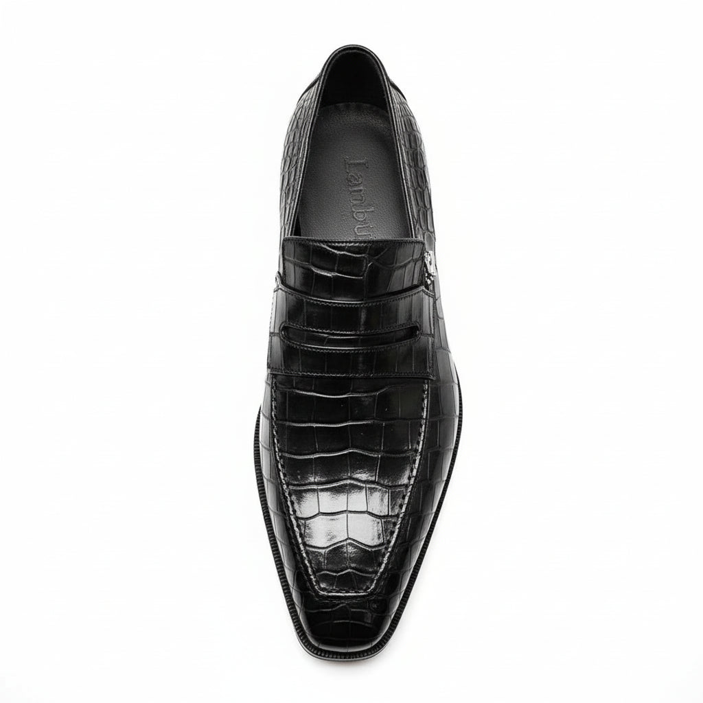 Men's Black Crocodile Embossed Leather Moccasins - top-down-view