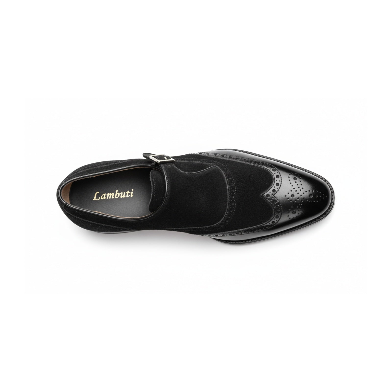 Men's Black Double-Buckle Monk Strap Leather and Suede Shoes - top-down-view