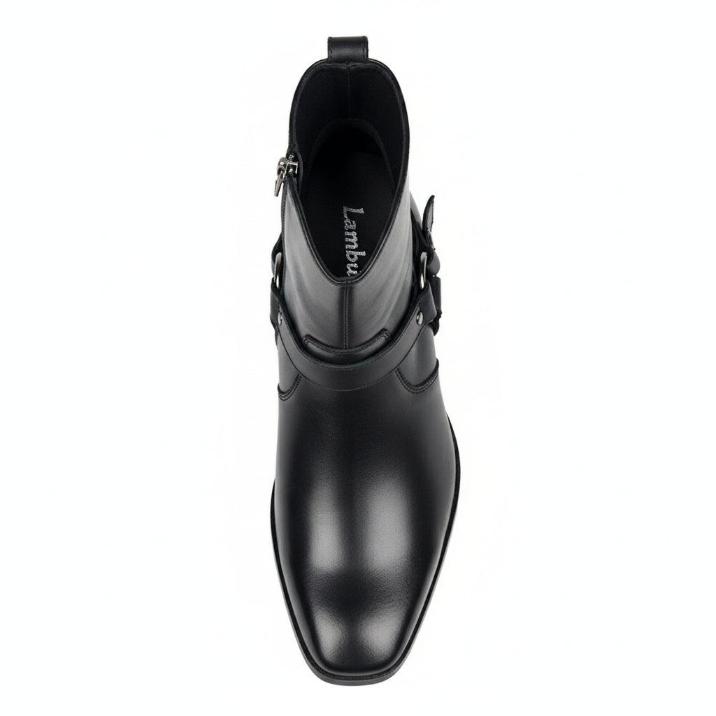 Men's Black Leather Ankle Designer Boots - top-down-view