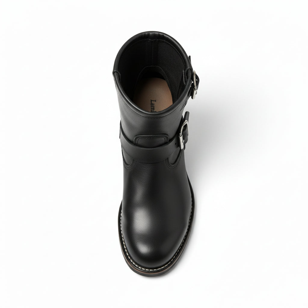 Men's Black Leather Biker Rider Boots - top-down-view