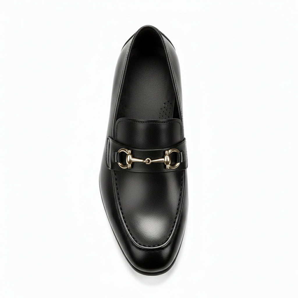 top-down-view - Men's Black Leather Buckle Loafers