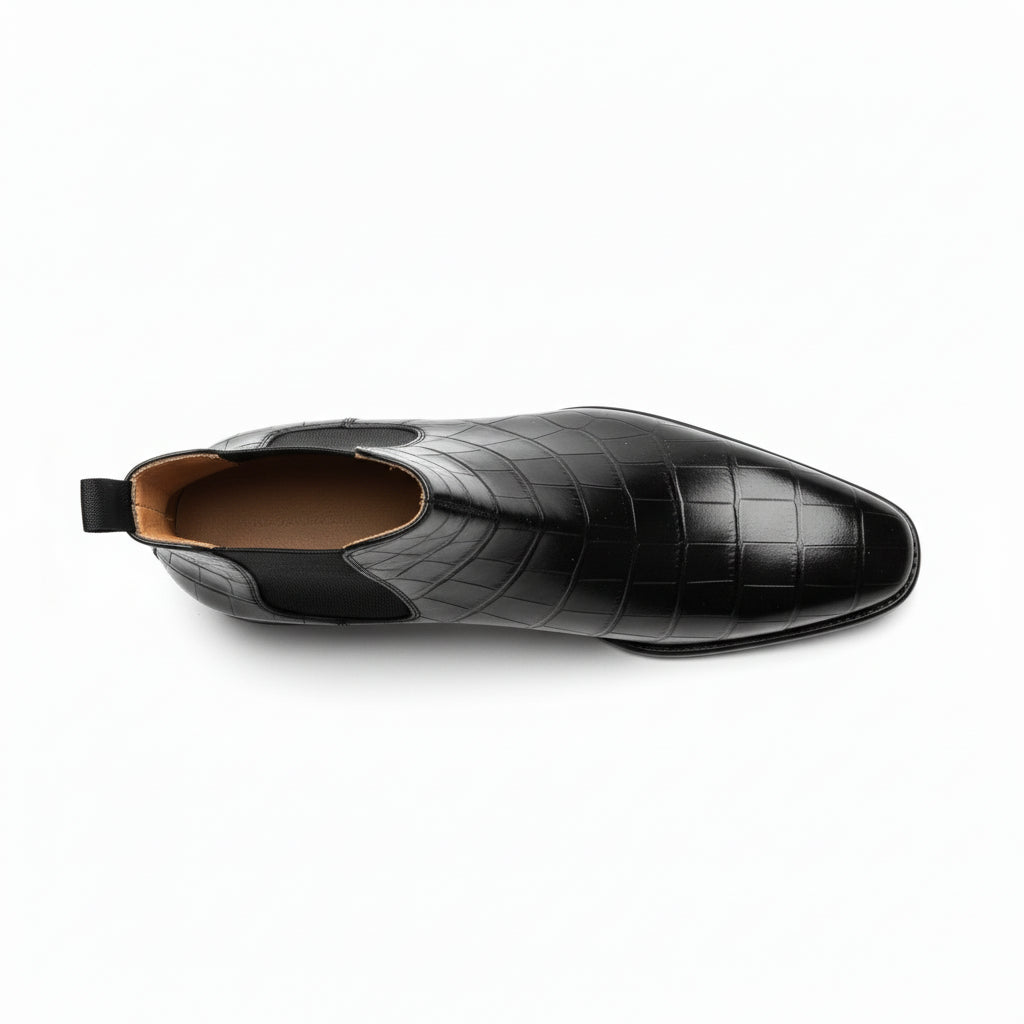 top-down-view - Men's Black Leather Chelsea Boots with Crocodile Print