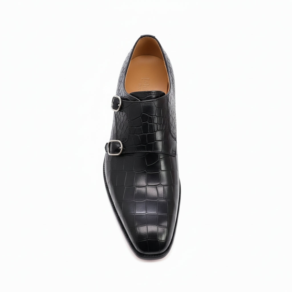 top-down-view - Men's Black Leather Double-Buckle Monk Shoes with Crocodile Pattern