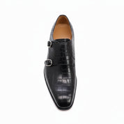 top-down-view - Men's Black Leather Double-Buckle Monk Shoes with Crocodile Pattern