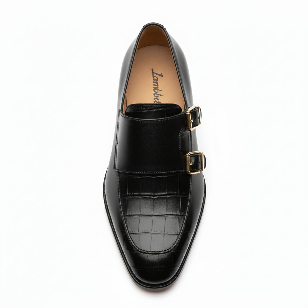 top-down-view - Men's Black Leather Double Monk Moccasin Shoes
