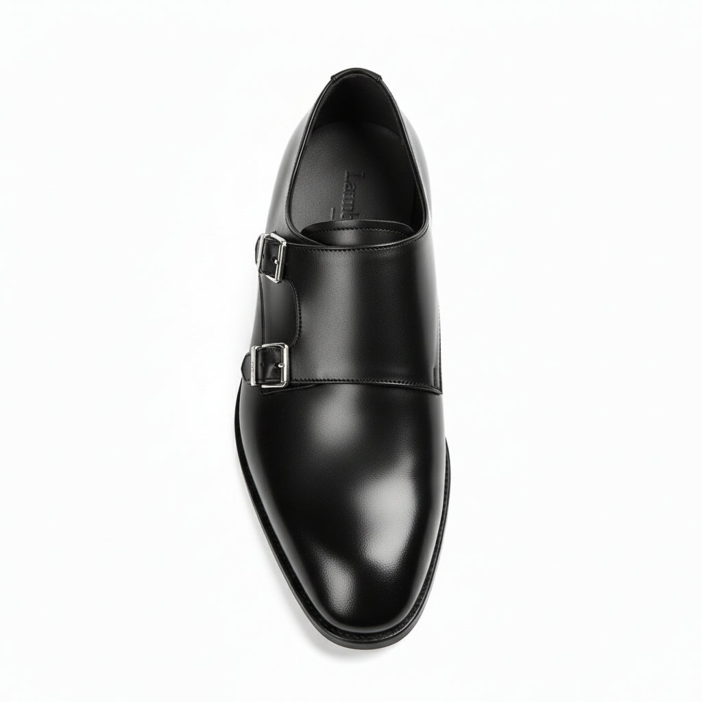 top-down-view - Men's Black Leather Double Monk Strap Dress Shoes