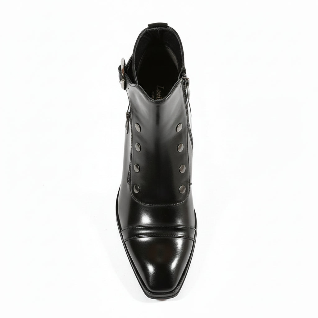 top-down-view - Men's Black Leather High Ankle Boots with Side Button & Zipper
