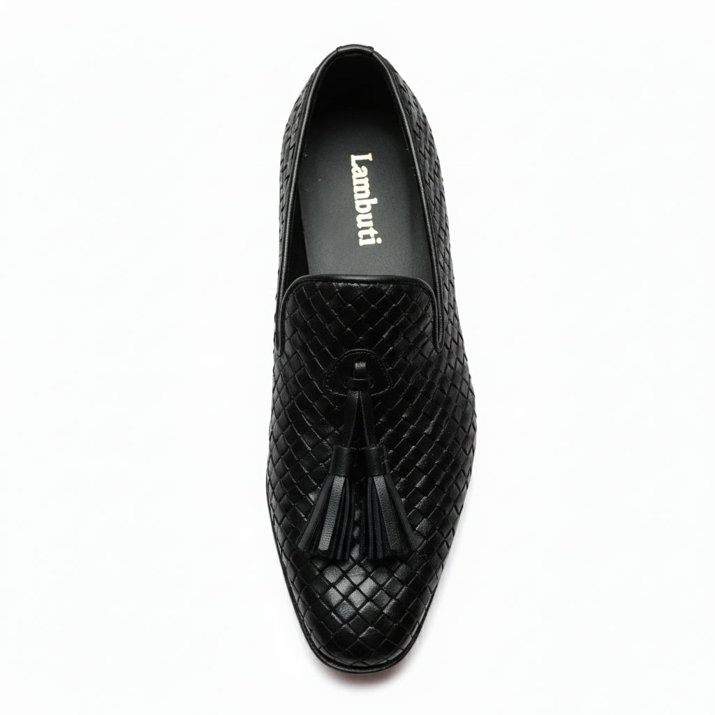 top-down-view - Men's Black Leather Knitted Dress Shoes