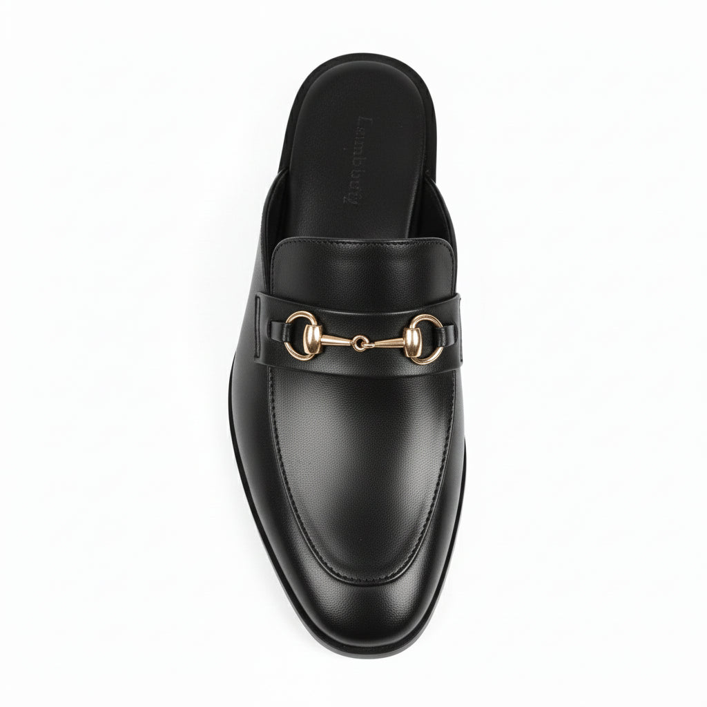 Men's Black Leather Mule Slippers with Flat Horsebit - top-down-view