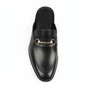 Men's Black Leather Mule Slippers with Flat Horsebit - top-down-view
