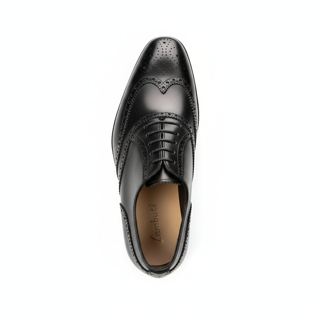top-down-view - Men's Black Leather Wing Tip Brogue Dress Shoes