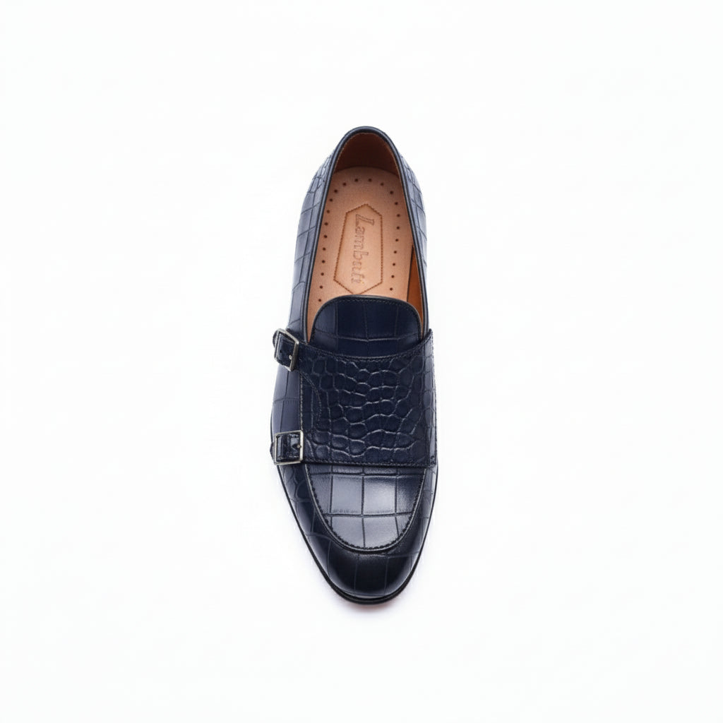 Men's Blue Crocodile Monk Strap Leather Shoes - top-down-view