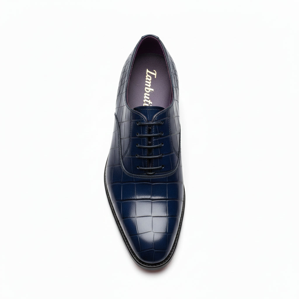 Men's Blue Lace-Up Crocodile Patterned Leather Shoes - top-down-view
