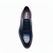 Men's Blue Lace-Up Crocodile Patterned Leather Shoes - top-down-view