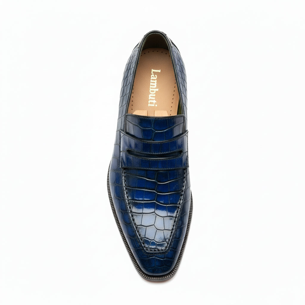 top-down-view - Men's Blue Leather Moccasins with Crocodile Embossing