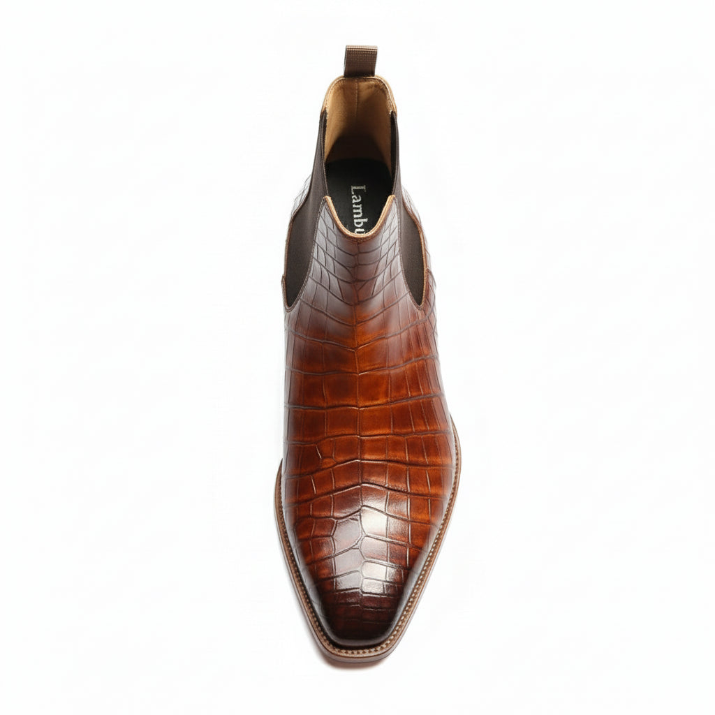 top-down-view - Men's Brown Chelsea Boots in Calf Leather with Crocodile Pattern