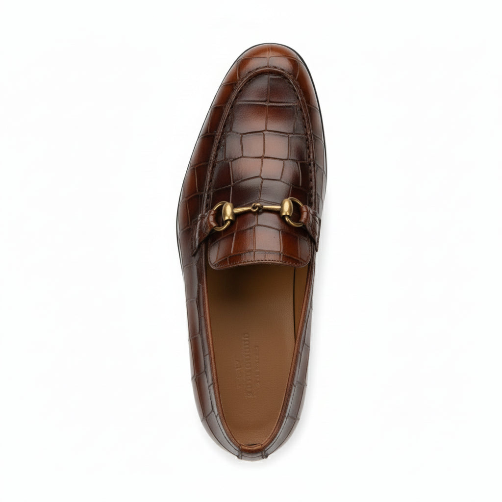 top-down-view - Men's Brown Crocodile Leather Moccasin Dress Shoes