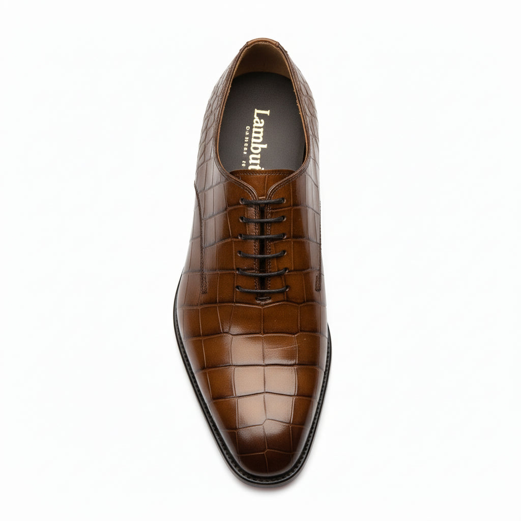 Men's Brown Crocodile-Textured Leather Dress Shoes - top-down-view