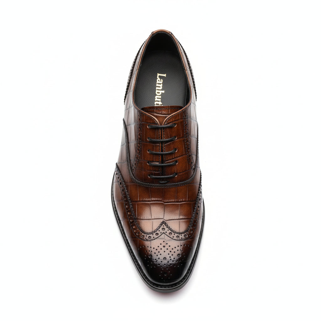top-down-view - Men's Brown Leather Crocodile-Pattern Oxfords