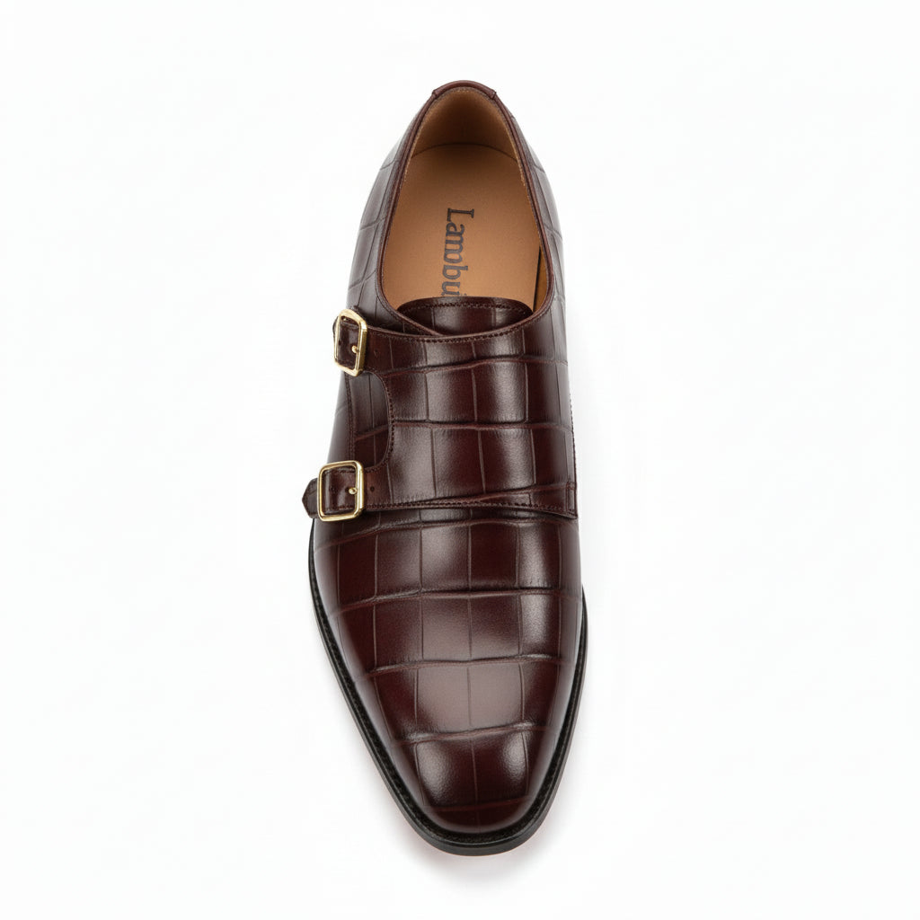 top-down-view - Men's Brown Leather Double Monk Strap Shoes