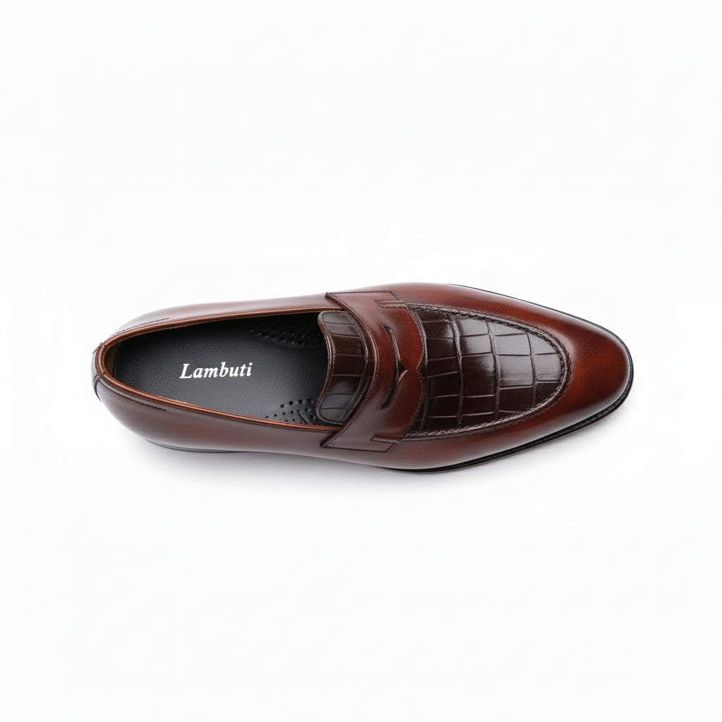 Men's Brown Leather Moccasins with Crocodile Texture - top-down-view