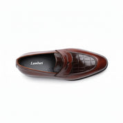 Men's Brown Leather Moccasins with Crocodile Texture - top-down-view