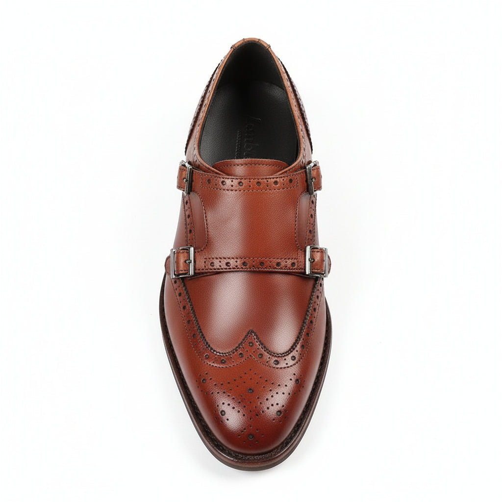 top-down-view - Men's Brown Leather Monk Strap Shoes