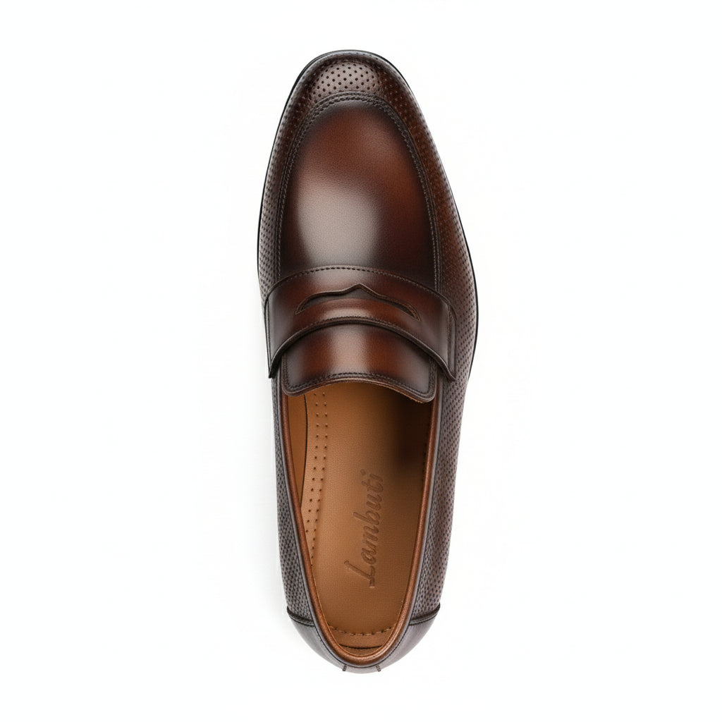 top-down-view - Men's Brown Leather Penny Loafer Shoes