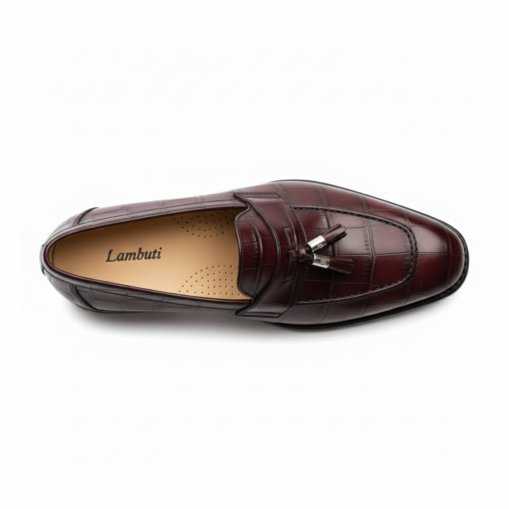 Men's Burgundy Crocodile Textured Leather Loafers - top-down-view