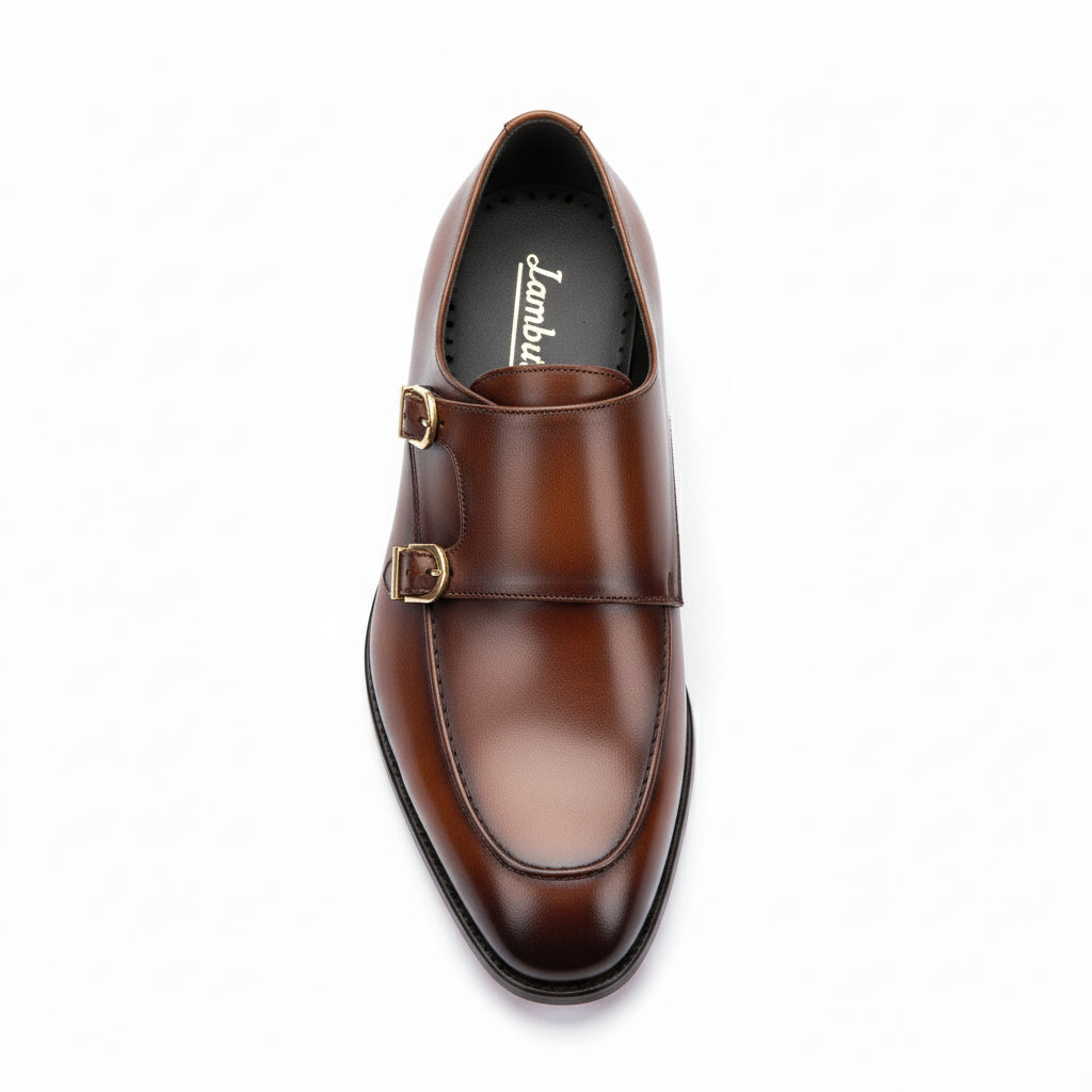 Men's Burgundy Leather Double Monk Shoes, Belgian Loafer Style - top-down-view
