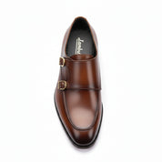 Men's Burgundy Leather Double Monk Shoes, Belgian Loafer Style - top-down-view