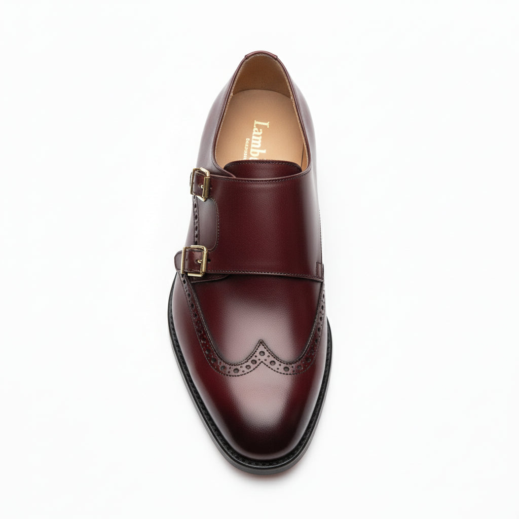 top-down-view - Men's Burgundy Leather Double Monk Strap Shoes